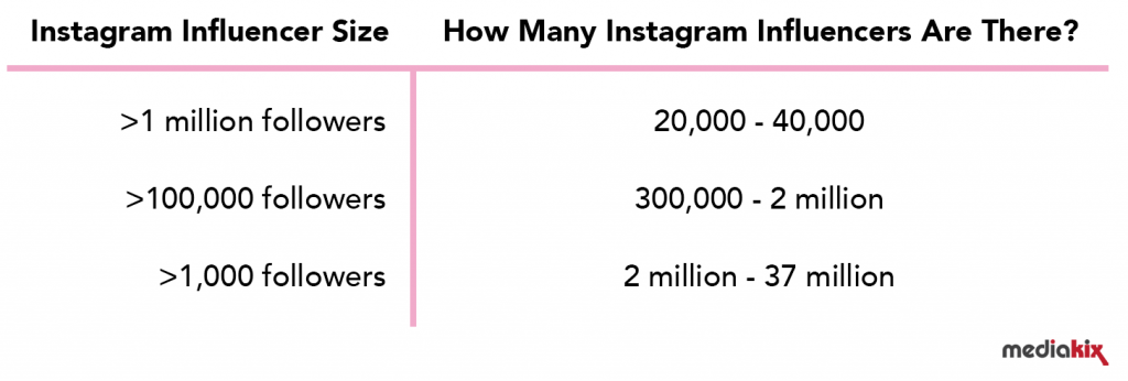 Instagram influencer size and their numbers