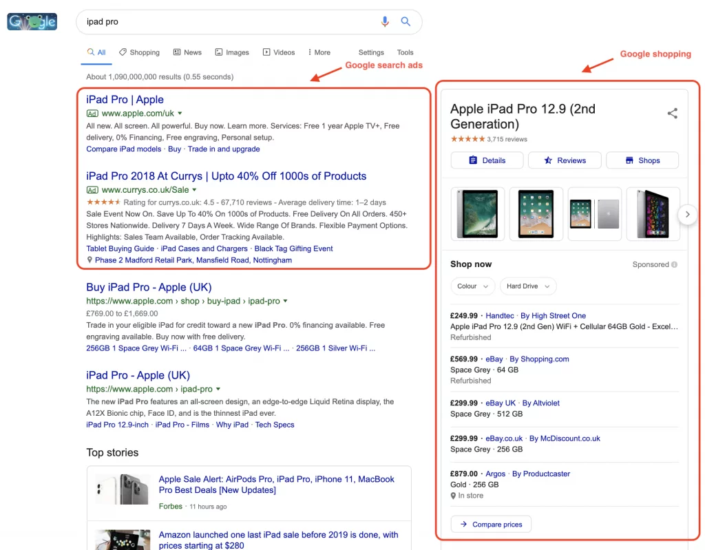 A screenshot showing Pay per click ads and how they are displayed on Google 