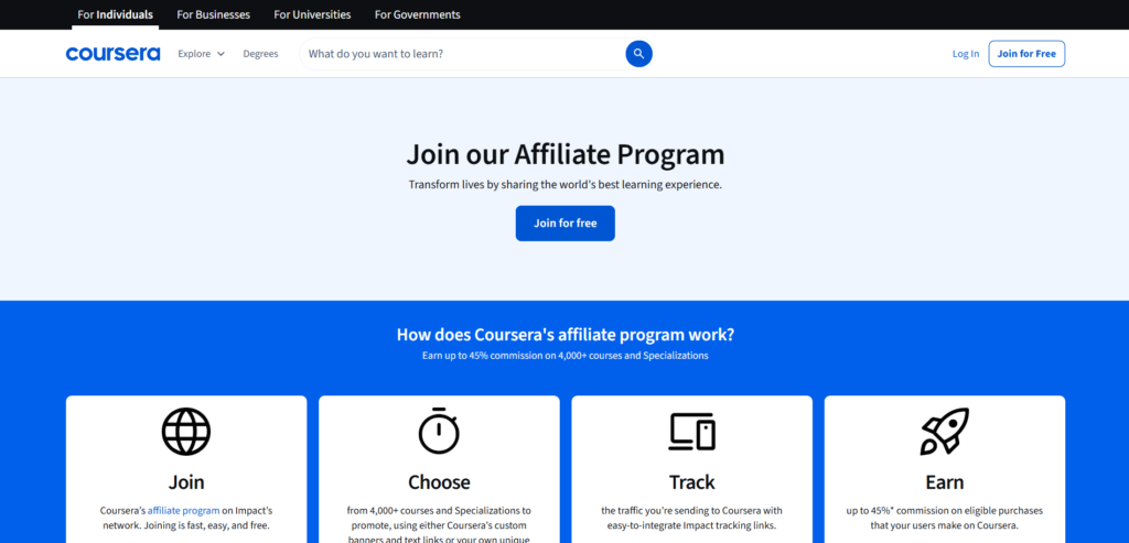 Coursera affiliate website homepage
