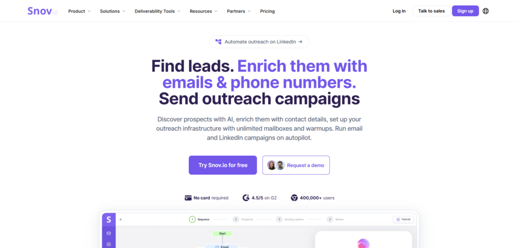 Snov.io affiliate website homepage
