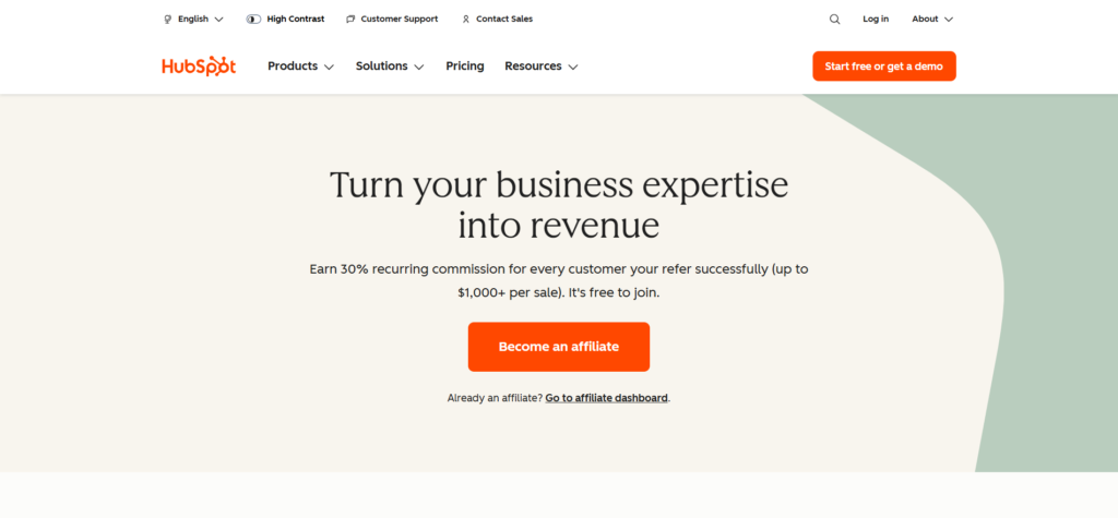 Hubspot Affiliate Program website homepage